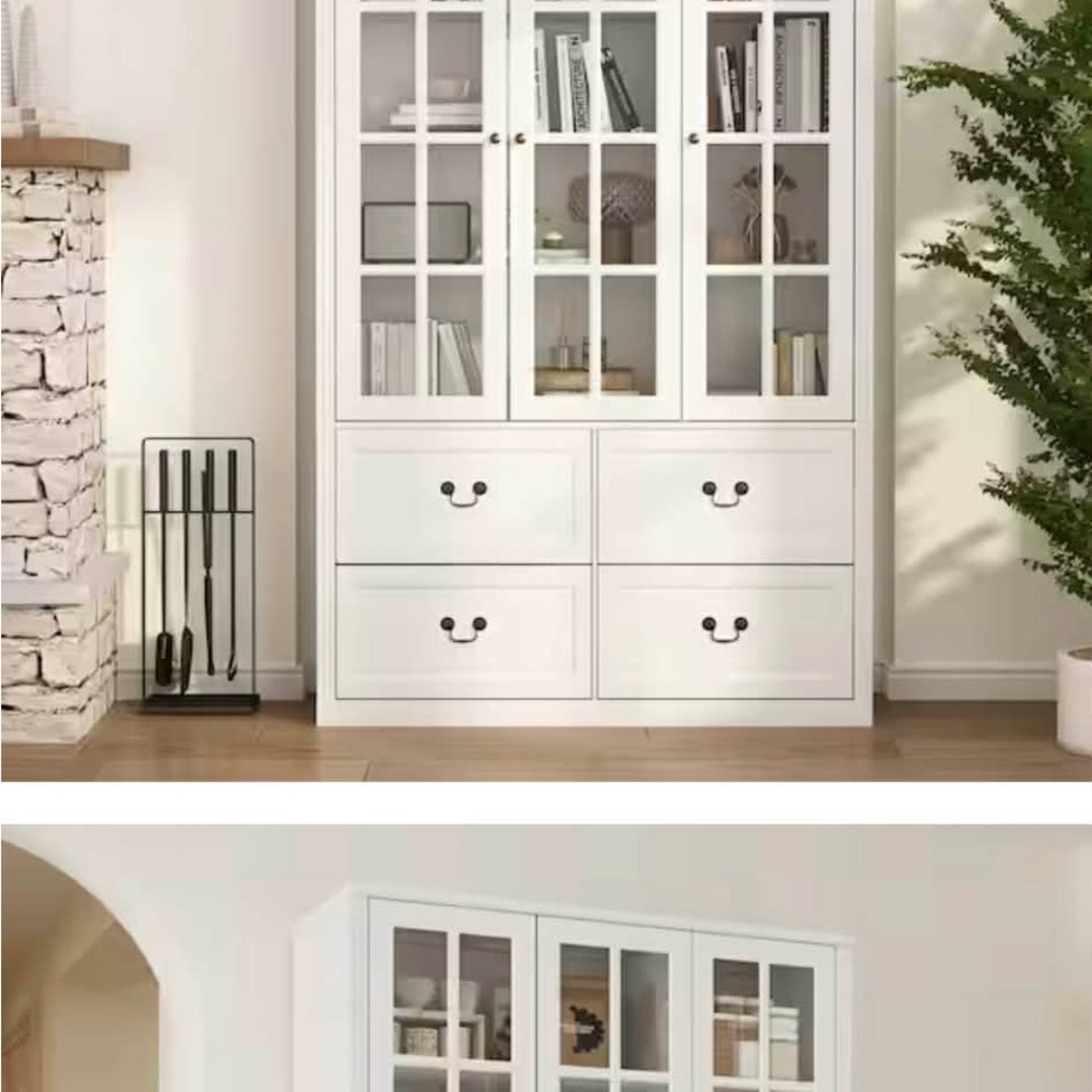 White Glass-Front Storage Cabinet with Four Drawers